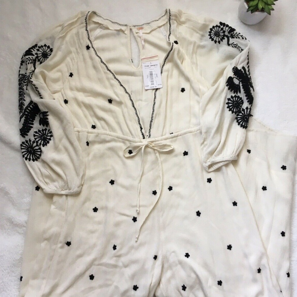 Free People Wide-Leg Jump Suit Ivory Embroidered